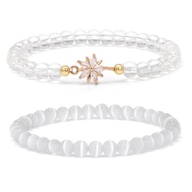Raicegs White 2Pcs Flower Crystal Bracelets for Women Healing Bracelets 6mm Gemstone Bead Cute Charm Stretch Bracelet Jewelry Gifts for Women