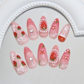 24 pcs Pink Nails with pearl - French Tip False Nails Medium Length - Press on Nails Almond - Cute Nails Patterns Sweet Bow Strawberry False Nails with Glue for Nail Art