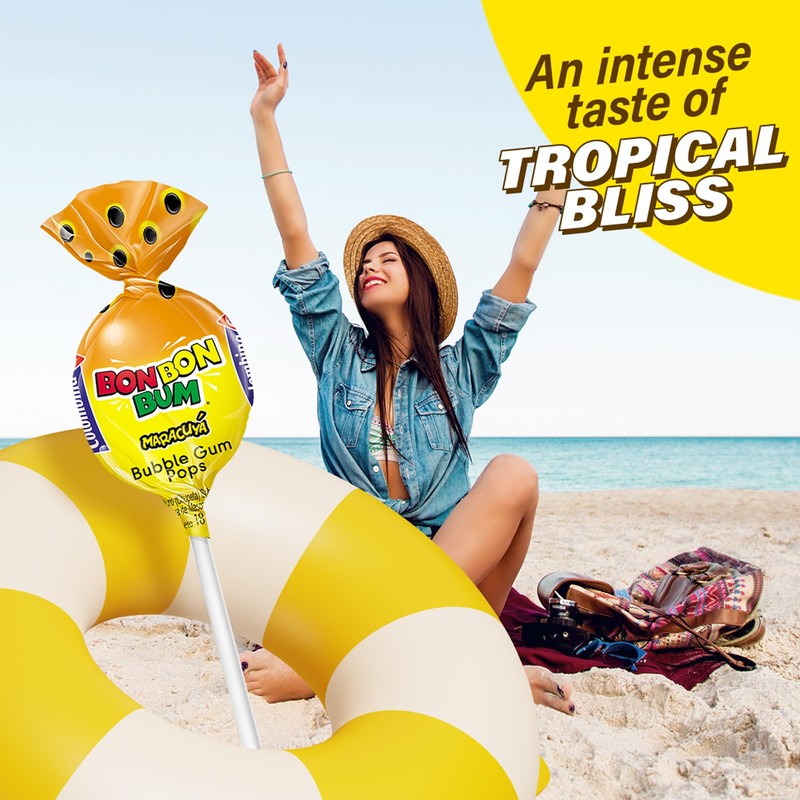 Colombina Bon Bon Bum Lollipops Tropical Passion Fruit Flavor, 24