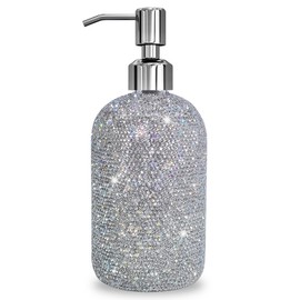 SlowVibes 18Oz Bling Glass Soap Dispenser With Rust Proof Stainless Steel Pump, Refillable Liquid Hand Soap Dispenser For Bathroom, Sparkle Body Wash Shower Soap Dispenser,rhinestone Glass Pump Bottle