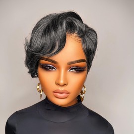 PangDongLai Dark Gray Color Pixie Cut Lace Front Human Hair Wigs 13x4x1 Lace Frontal Wigs Short Bob Straight Wig Pixie Cut Wigs For Black and White Women 150% Density (gray)