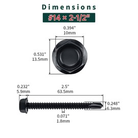 #14 x 2-1/2" Black Hex Washer Head Self Drilling Screws (25 pcs), 410 Stainless Steel, Black Oxide Coated, Quick Steel Self Tapping Sheet Metal Tek Screws, Fayeploo