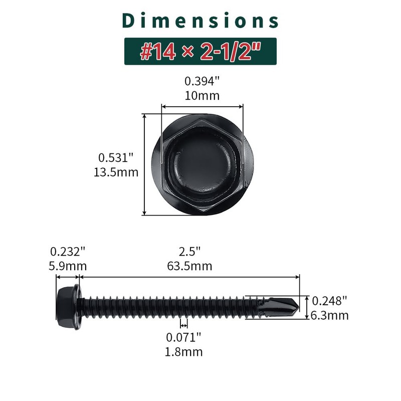 #14 x 2-1/2" Black Hex Washer Head Self Drilling Screws
