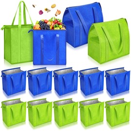 Locmeo 10 Pcs Large Insulated Shopping Bags For Groceries 13 x 12 x 7 inches Reusable Cooler Bags Thermal Totes With Zippered Top For Hot Cold Food Delivery Refrigerator Pizza(Green, Blue)