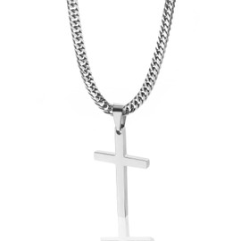 Tuewut Cross Necklace for Men, Silver Gold Stainless Steel Plain Cross Pendant Necklace for Men Cuban Chain 18-26 Inch (18.0 Inches, silver)