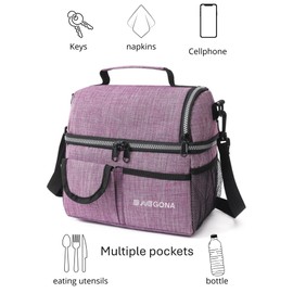 BAGGONA Insulated Lunch Bag with Compartments, lunch box for men/women, large dual compartment for adults/kids, double decker, leakproof tote, lunch cooler hot/cold, light and soft lunch box black