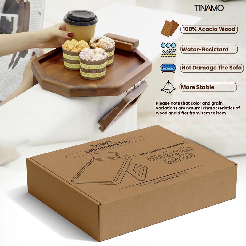 Tinamo Octagonal Acacia Sofa Arm Tray, Couch Armrest Table with