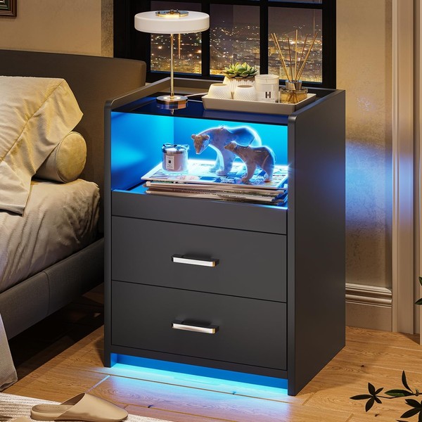 VIAGDO Nightstand with Charging Station and LED Lights, Black Night