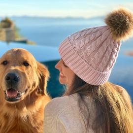 Simplicity Winter Hat for Women Hand Knit Faux Fur Pompoms Beanie for Women Pink
