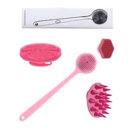 cepillo de silicona para cuerpo - 1 cepillo de limpieza de espalda de mango largo, cepillo de baño corto, cepillo para lavar el pelo y cepillo para lavar la cara, herramientas de limpieza (Pink1)