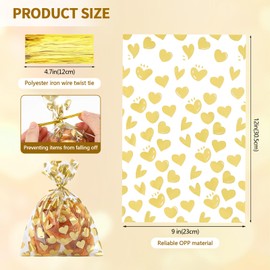 COQOFA 50 Pcs 9X12 IN Gold Heart Cello Cellophane Treat Bags Gift Bags Party Favor Bags Clear Candy Cookie Bags Plastic Poly Goodie Bags with Twist Ties for Baby Shower, Valentine, Wedding Birthday