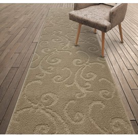 Custom Length Hallway Carpet Runner Rug, Slip Resistant, 26 Inch Wide X Your Choice of Length, Scroll Ivory Cream, 26 Inch X 4 Feet, Sold and Priced Per Foot