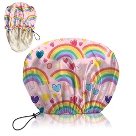 Deokke Luxury Shower Cap Silk Satin Lined Waterproof Reusable Adjustable Elastic Dry Hair Bathing Caps Cute for Women Girls-Rainbow