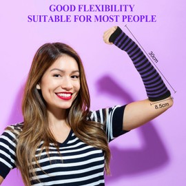 Arm Warmers Fingerless Gloves for Women Long Fingerless Gloves Knit Stretchy Thumbhole Striped Gloves (Purple and Black）