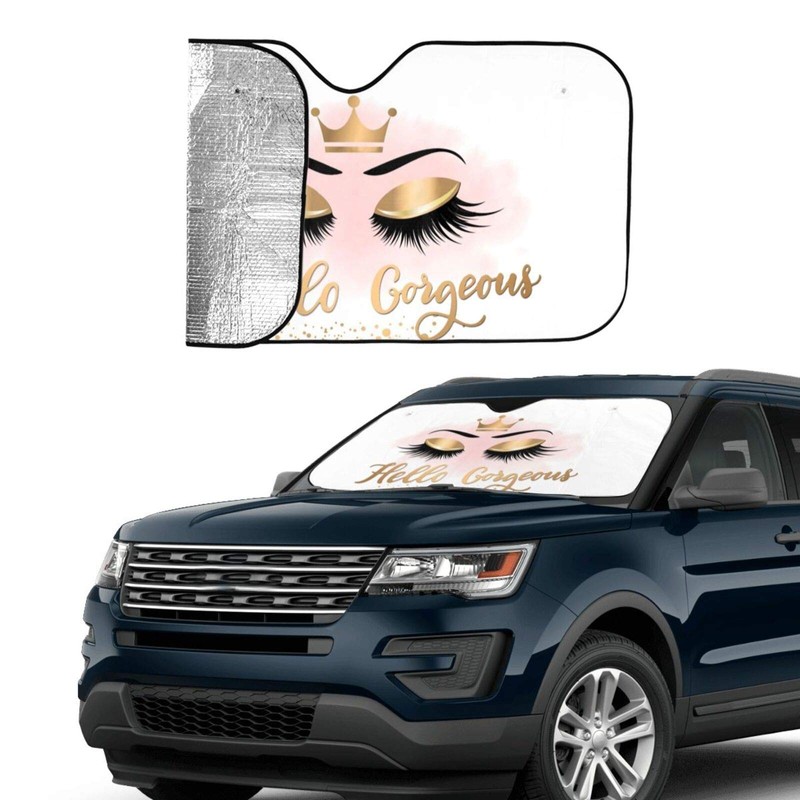 Hello Gorgeous Car Front Windshield Sun Shades, Gold Eye Eyelash
