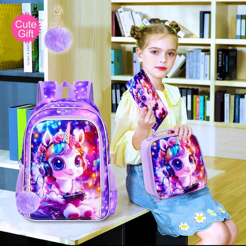 KLFVB 3PCS Girls Unicorn Backpack, Water Resistant Kids Bookbag with