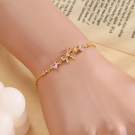 LUDKCCIR Gold Bow Bracelet for Women, Zircon Adjustable Ribbon Bow Friendship Chain Pink Clasp Bracelet Trendy Sisters Friends BFF Jewelry Wedding Gift for Her, 6.3", Cubic Zirconia