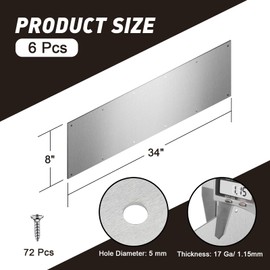 Docik 5052 Aluminum Door Kick Plate, 8 x 34 Inch, 17 Ga Thickness, Silver, 6 Pack