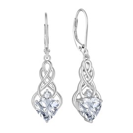 FJ Infinity Celtic Knot Earrings Leverback Dangle Drop Earrings 925 Sterling Silver Heart April Birthstone Simulated Diamond CZ Gemstone Earrings Irish Good Luck Jewellery for Women