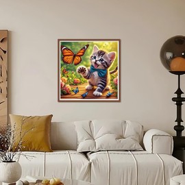 Kulvci Diamond Painting Kits for Adults, Cat Round Full Drill Diamond Art Kits, 5D DIY Diamonds Crafts for Home Wall Decoration Gifts 12×12inch