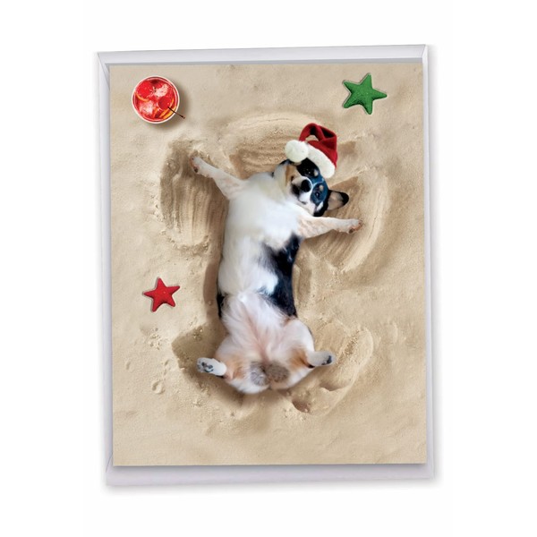 Holiday Sand Angels Dog - Merry Christmas Greeting Card with Envelope (Big 8.5 x 11 Inch) - Cute Pet Dog in Santa Hat, Beach Snow Angels - Xmas Holiday Card for Kids, Adults J6844FXSG