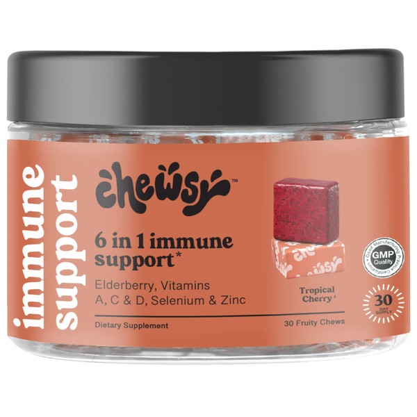 CHEWSY 6-in-1 Immune Support Supplement Fruity Chews with Elderberry, Vitamin C, A & D, Zinc & Selenium - 30-Day Supply, Individually Wrapped Immunity Vitamins Chews for Adults and Kids (1)