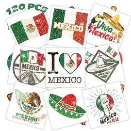 winthrop 120 Pcs Glitter Mexican Independence Day Temporary Tattoos, Individually Wrapped Waterproof Safety Mexico Themed Tattoos, Best Choice for September 16th Viva Mexico Party, 60 Designs