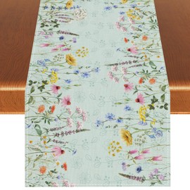 Linen Watercolor Spring Table Runner Spring Flower Floral Tablecloth Farmhouse Spring Easter Decorations and Supplies for Home Kitchen Table-13×72''