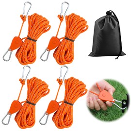 Tyafzzn Pack of 4 4 mm Reflective Guy Ropes Rope with Rope Tensioner, 4 m Rope Ratchet Tent Cord Luminous, Adjustable Nylon Cord Tensioner Camping Cord Storm Band for Awning Washing Line