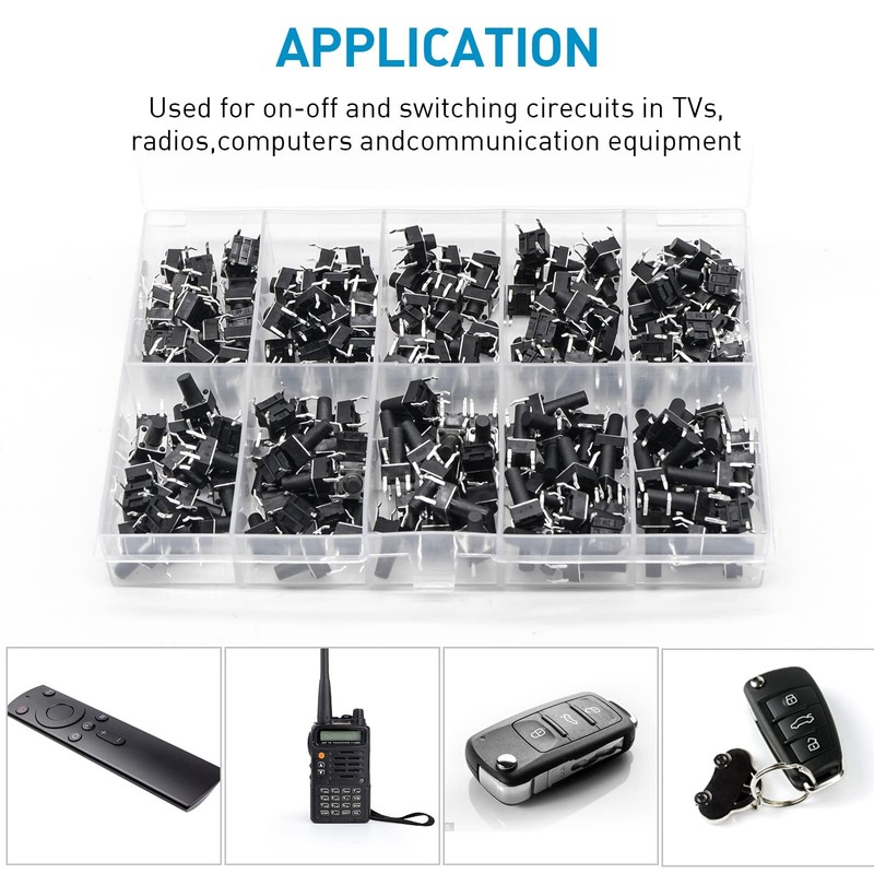 QTEATAK 200 Pcs 10 Value 4 Pins 6 x 6mm