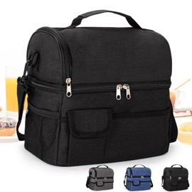 BalladHome Lunch Bag 8L Cooler Bag Insulated Bag Portable Double Compartments Lunch Bag with Adjustable Shoulder Strap for Women Men School Office (Black)