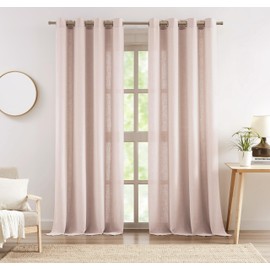 Central Park Pink Linen Semi Sheer Grommet Curtain Panel 84 Inches Long for Living Room, Flax Linen Blended Farmhouse Rustic Light Filtering Window Treatment Drape for Bedroom, Pink, 58"x84"x2