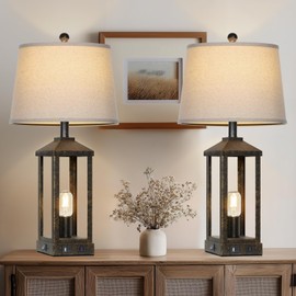 28" Tall Vintage Table Lamp with USB C+A & Outlet,Bronze Industrial End Table Lamp for Living Room,Farmhouse Rustic Bedside Lamp with Night Light for Bedroom Nightstand(4 LED Bulbs Included)