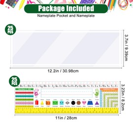Meetory 25 Pcs Nameplate Pocket with Matching Desk Name Tags for Classroom, 12.2" x 3.7" Self Adhesive Desk Nameplates Pockect and Name Plates, Clear Plastic View Name Tag Sleeves for Student Desk