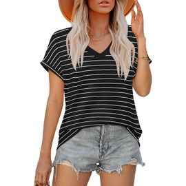 XIEERDUO V Neck Tops for Women Fashion Summer 2024 Womens Polyester Tshirts Striped Workout XL