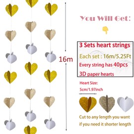Heart Garland Glitter Gold, Valentines Decorations 53Ft Hanging 3D Paper Felt Heart Banner Galentines Party Favors, 3Packs Hearts Love Decor Bachelorette Bridal Shower Wedding Streamers
