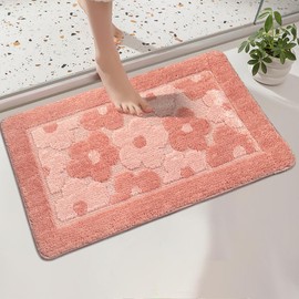 Shovagy Cute Floral Bath Mat Pink Flowers Bathroom Rugs Preppy Funny Aesthetic Rug Washable Extra Soft Quick Dry Non Slip Bath Mats for Bathroom Bathtub Shower Rug, 20" x 32"