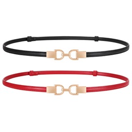 TRIWORKS 2 Pack Skinny Leather Belts for Women Thin Waist Belts with Adjustable Gold Buckle for Dresses, Coats and Jeans