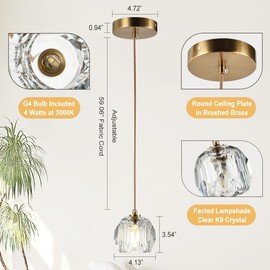 Camastar Brushed Brass Pendant Light Kitchen Island, Modern Cut Crystal Small Pendant Light Fixture, Clear Crystal Pendant Adjustable Hanging Light for Dining Room Bathroom