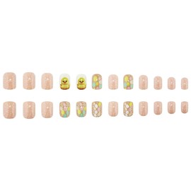 Easter Press on Nails Short Square Fake Nails Easter Egg & Cute Chick Design False Nails Nude Color Acrylic Nails Full Cover Glossy Stick on Nails for Women Girls Easter Nail Art Decoration 24Pcs