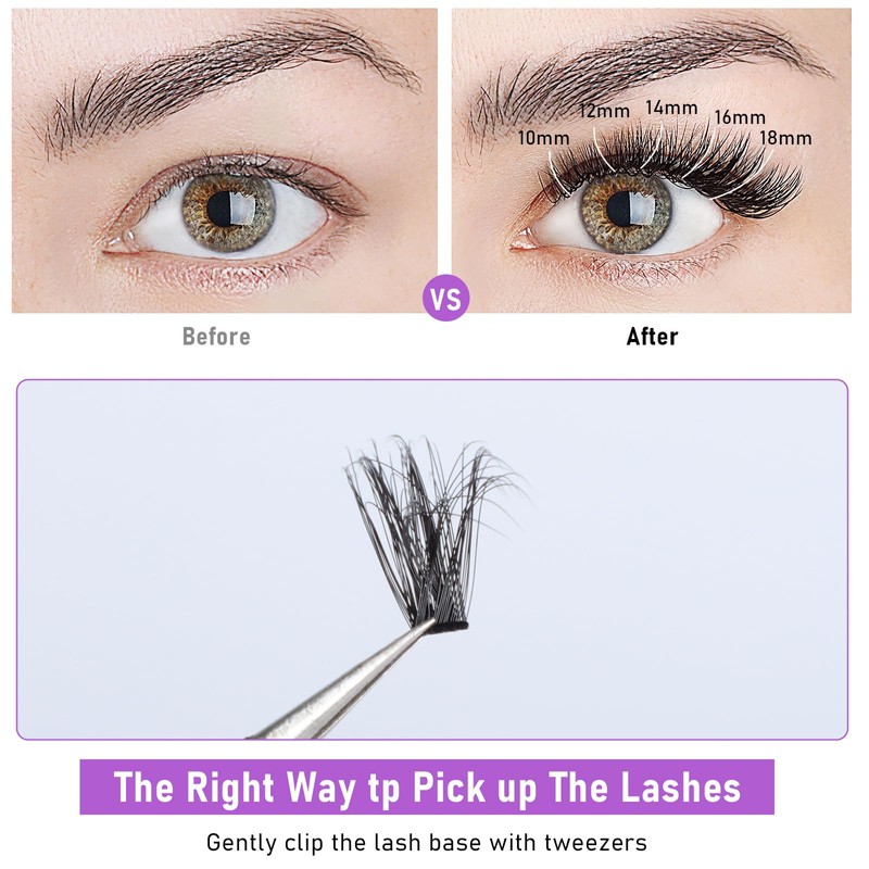 Russian Cluster Lashes,80D+100D+180D Individual Eyelashes D Curl Cluster Lashes,Fluffy 10-18mm
