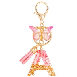MWOOT Cute Initial Letter A Keyrings Pink Key Ring,Capital Alphabet Gold Foil Resin Keychain Charm with Butterfly Tassel Pendant,Fashion Key Chain for Women Mom Gift Purse Bag Handbag Decor(A)