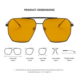 YUELUQU Retro Oversized Square Sunglasses for Women Men Vintage Shades UV400 Classic Large Metal Frame, Black/Night Vision Yellow