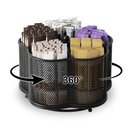 BOKIOVIN Metal Drink Mix Packet Organizer Holder,Rotating Water Flavor Packet Organizer with 5 Compartments(Black)