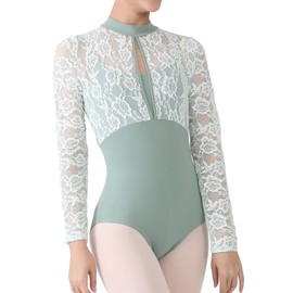 Dance Elite - Femm - Floral Lace Yoke shoulder and sleeve Dance leotard. Leotards for Women Ballet and Dance (Sage Green, Adult M)