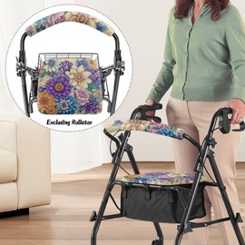 Rerteryuro Rollator Walker with Seat Cover Walker Accessories Boho Flower Rollator Walkers for Seniors with Seat Cover Set Stretchable Protection Covers