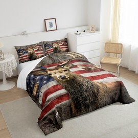 American Flag Deer Comforter Set Queen Size, Brown Wildlife Animal and Trees Theme Bedding Comforters for Children Adult, Colorful USA Flag Print Natural Polyester Duvet Set with 2 Pillowcases