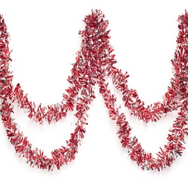 Red and Silver Metallic Tinsel Twist Garland 4 inches Wide x 25 ft Long, Parade Float Decorations for Trailer Or Golf Cart, Metallic Tinsel Garland, Christmas Garland Decor, Patriotic Garland