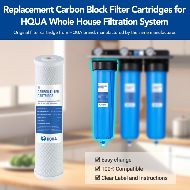 HQUA Whole House Carbon Block Replacement Filter Cartridge, WF-CB20BB, Fit