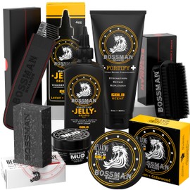 Bossman Big Boss Beard Care Kit for Men - 7 Piece Beard Grooming Kit with Jelly Beard Oil, Beard Conditioner, Beard Balm, MUDstache Wax, Bar Soap, Metal Comb, Brush - Mustache Kit (Gold)